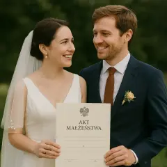 Szczęśliwa para z aktem małżeństwa w Polsce. Ich ślub z obcokrajowcem w Polsce jest udany.