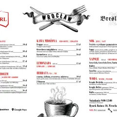 Menu z napojami i daniami w stylu PRL, z logo "PRL" i grafiką widelca i noża.