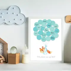 Uroczy pomysł na księgę gości: obrazek z balonami i liskiem, na których wypisano imiona. Idealny na baby shower!