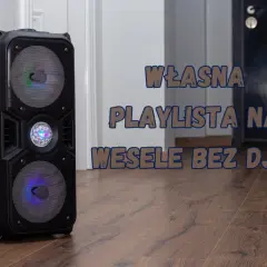 Czarna kolumna głośnikowa z kolorowymi światłami, idealna do stworzenia własnej playlisty na wesele bez DJ-a.