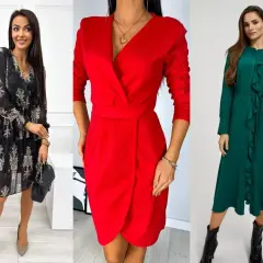 Eleganckie sukienki na wesele w zimie: czarna wzorzysta, czerwona kopertowa i zielona z falbanami.