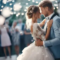 Para nowożeńców tańczy przy blasku światełek, a w tle widać gości. To idealny moment na najpiękniejsze piosenki weselne.