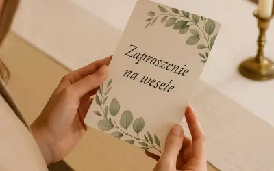 Dłonie trzymają zaproszenie na wesele z motywem liści. Warto wiedzieć, jak wypisać zaproszenia ślubne z osobą towarzyszącą i dzieckiem.