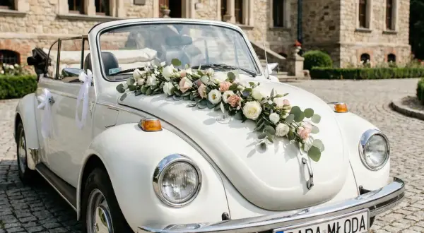 Biały kabriolet ozdobiony bukietem róż i eukaliptusa na masce, idealny przykład, jak udekorować samochód do ślubu. Białe wstążki dodają elegancji.