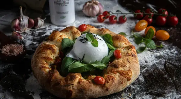 Wyjątkowa pizza na weselu z burratą, pomidorkami i ziołami. Idealna na uroczystość.