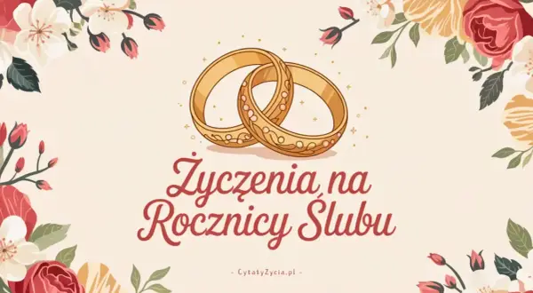 Złote obrączki i kwiaty otaczają napis "Życzenia na Rocznicy Ślubu". To idealne tło do podziękowania za życzenia z okazji rocznicy ślubu.