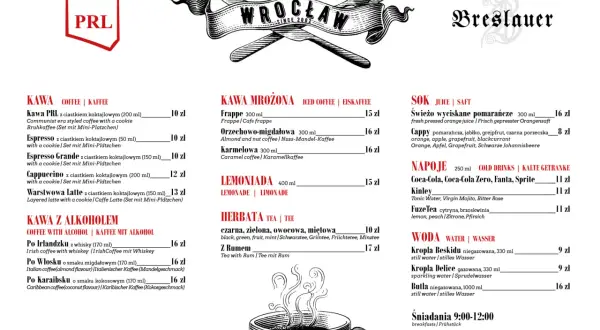 Menu z napojami i daniami w stylu PRL, z logo "PRL" i grafiką widelca i noża.