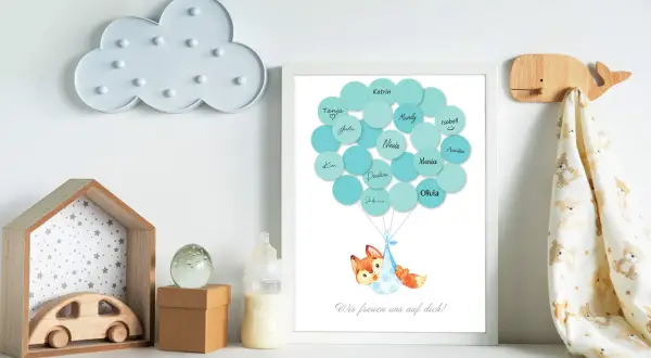 Uroczy pomysł na księgę gości: obrazek z balonami i liskiem, na których wypisano imiona. Idealny na baby shower!