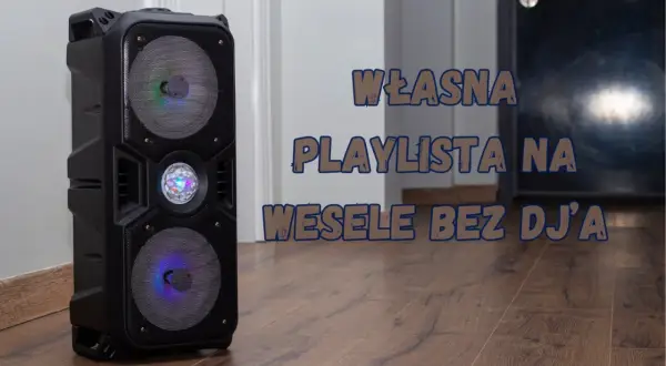 Czarna kolumna głośnikowa z kolorowymi światłami, idealna do stworzenia własnej playlisty na wesele bez DJ-a.