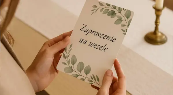 Dłonie trzymają zaproszenie na wesele z motywem liści. Warto wiedzieć, jak wypisać zaproszenia ślubne z osobą towarzyszącą i dzieckiem.