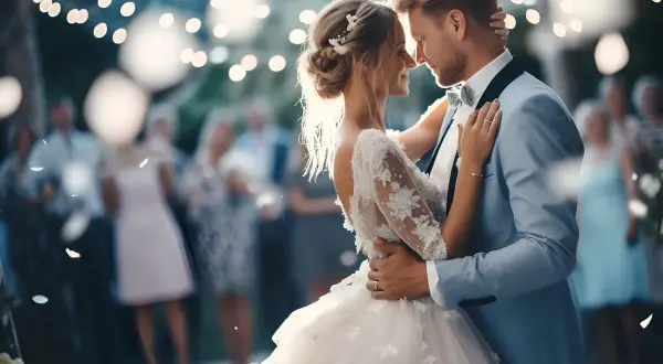 Para nowożeńców tańczy przy blasku światełek, a w tle widać gości. To idealny moment na najpiękniejsze piosenki weselne.