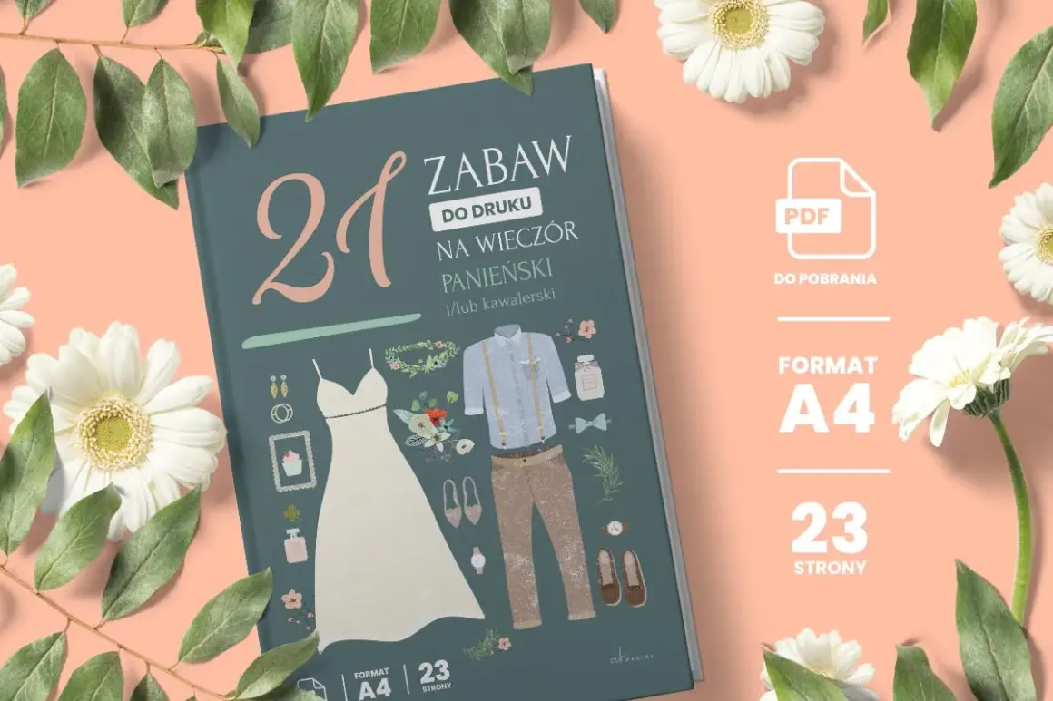 Zabawy na panieński i kawalerski: 21 pomysłów do druku, format A4, 23 strony. Idealne na wieczór panieński!