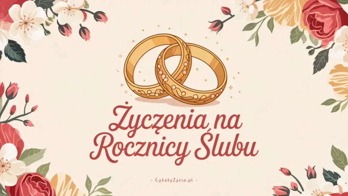 Złote obrączki i kwiaty otaczają napis "Życzenia na Rocznicy Ślubu". To idealne tło do podziękowania za życzenia z okazji rocznicy ślubu.