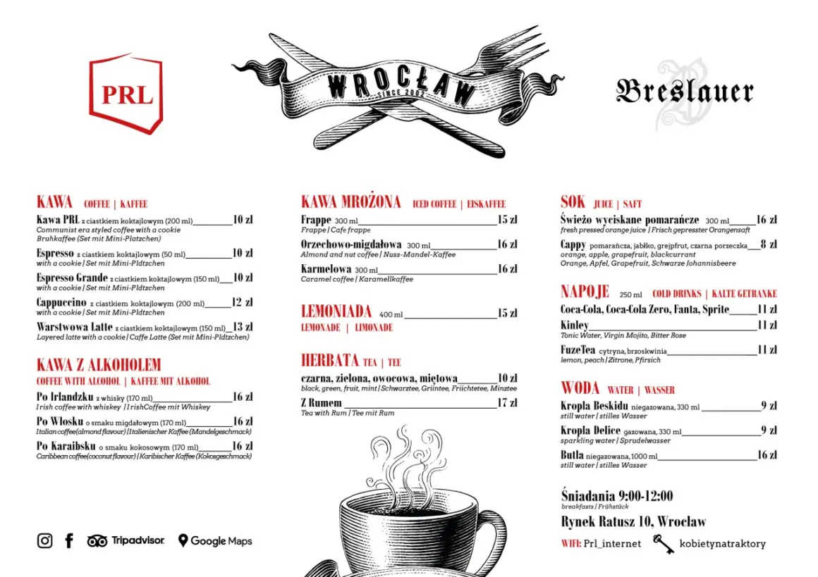Menu z napojami i daniami w stylu PRL, z logo "PRL" i grafiką widelca i noża.