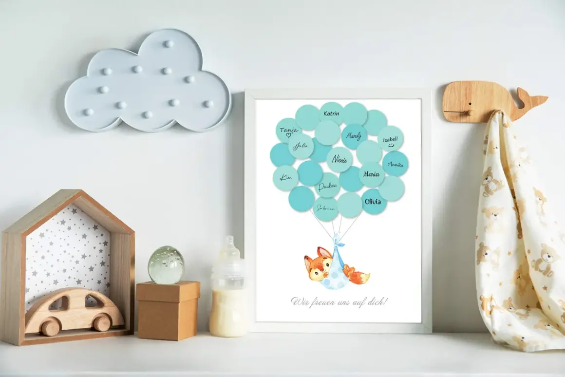 Uroczy pomysł na księgę gości: obrazek z balonami i liskiem, na których wypisano imiona. Idealny na baby shower!