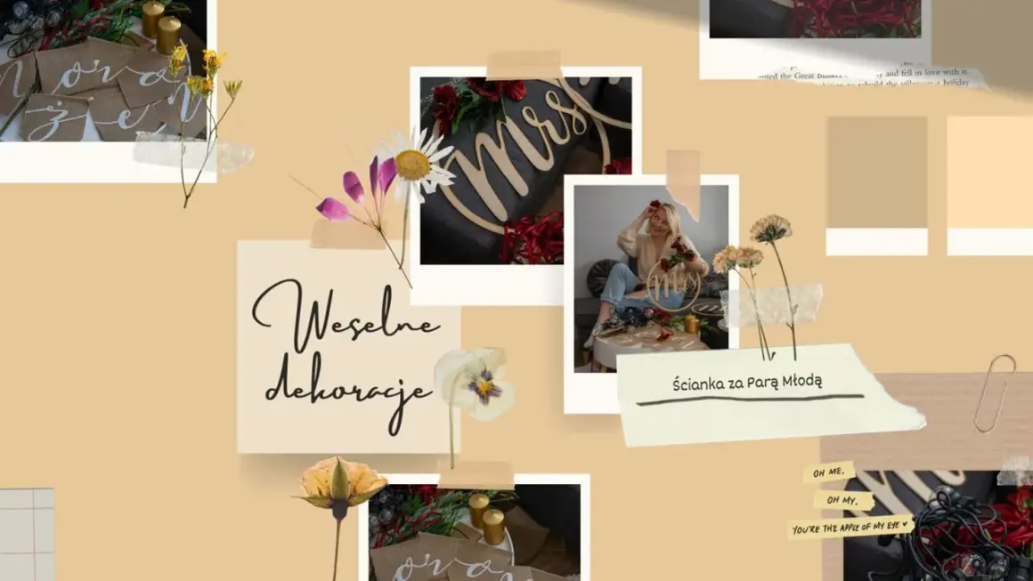 Inspiracje na ślubne dekoracje: stelaż za parą młodą jak zrobić, napisy "Mrs", "Mąż", "Żona", girlandy z juty.