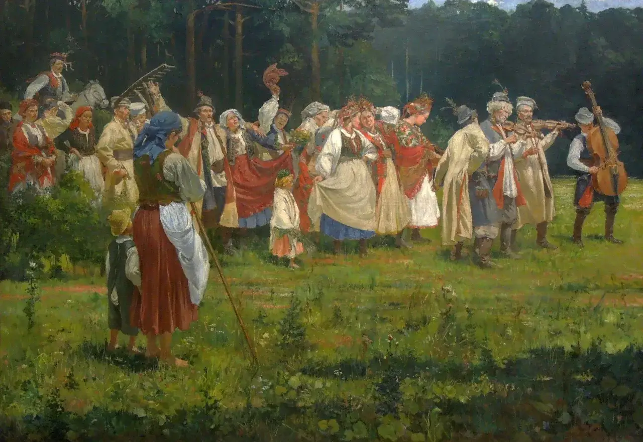 Ludzie w strojach ludowych tańczą i bawią się na łące. Muzykanci grają na skrzypcach i kontrabasie. W tle las. Wszyscy świętują, być może z okazji wesela, a na stołach czekają nalewki na wesele.