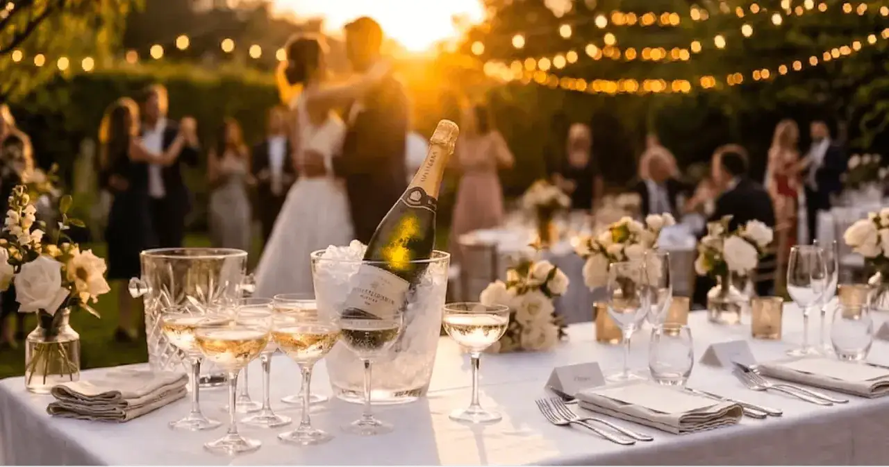 Eleganckie kieliszki z szampanem i butelka w lodzie na weselu. W tle tańcząca para młoda i goście.