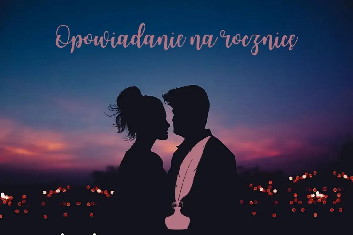 Romantyczny pomysł na rocznicę ślubu w domu: para wpatrzona w siebie na tle zachodu słońca, z piórem i kałamarzem.