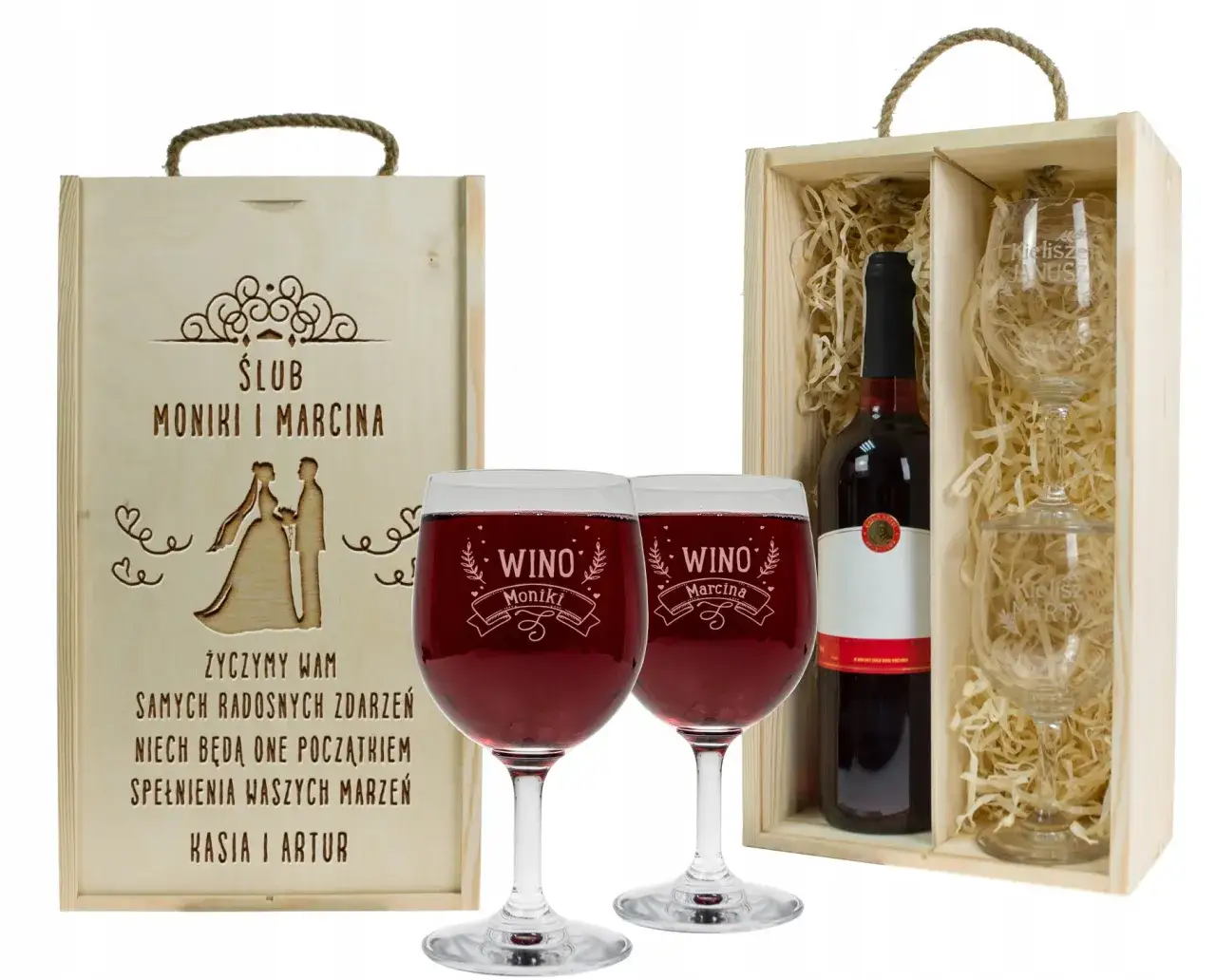 zestaw prezentowy wino kieliszki ślub