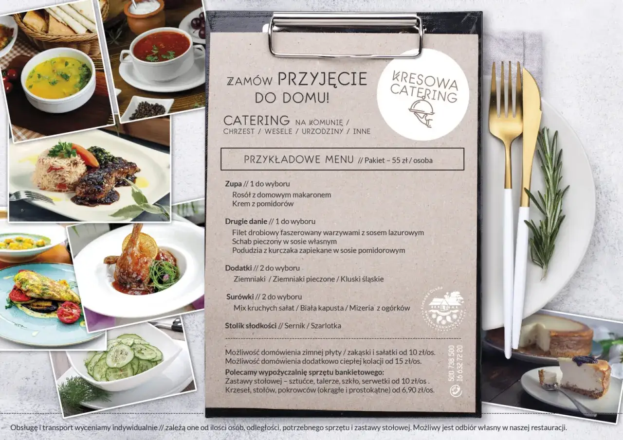 Przykładowe menu cateringu na 20 osób od 55 zł/os. Zupa, danie główne, dodatki, surówki, deser. Sprawdź, ile kosztuje catering!