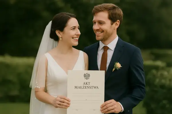 Szczęśliwa para z aktem małżeństwa w Polsce. Ich ślub z obcokrajowcem w Polsce jest udany.