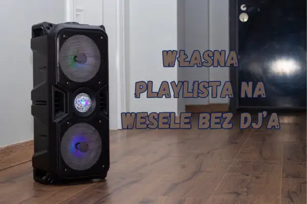 Czarna kolumna głośnikowa z kolorowymi światłami, idealna do stworzenia własnej playlisty na wesele bez DJ-a.