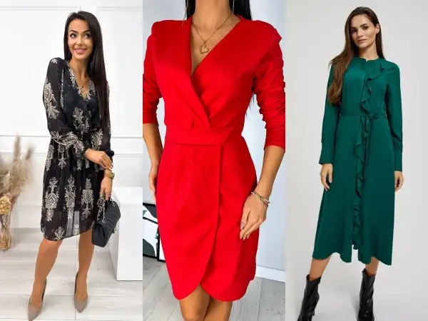 Eleganckie sukienki na wesele w zimie: czarna wzorzysta, czerwona kopertowa i zielona z falbanami.